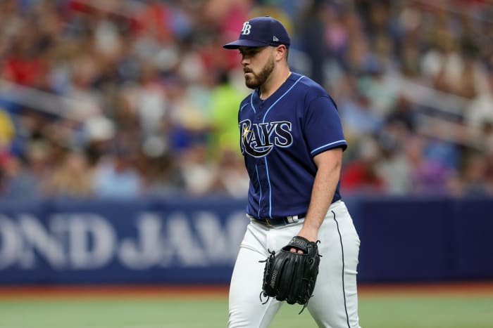 Sep 4, 2023; St. Petersburg, Florida, USA; Tampa Bay Rays starting pitcher Aaron Civale (34) leaves the game against the Boston Red Sox in the sixth inning at Tropicana Field. Mandatory Credit: Nathan Ray Seebeck-USA TODAY Sports